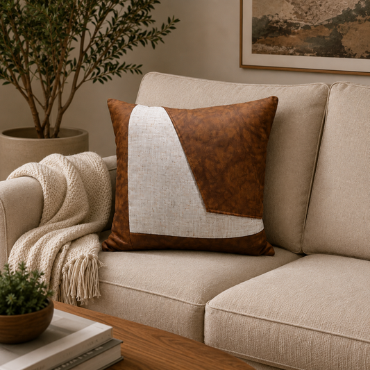 A luxury faux leather and cream cushion, in shades of coffee and cream