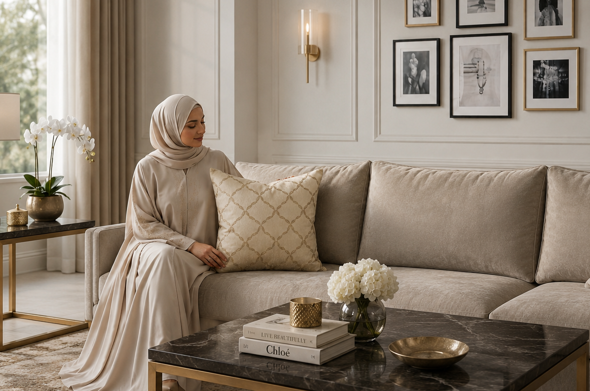 Woman sitting with luxury cushion