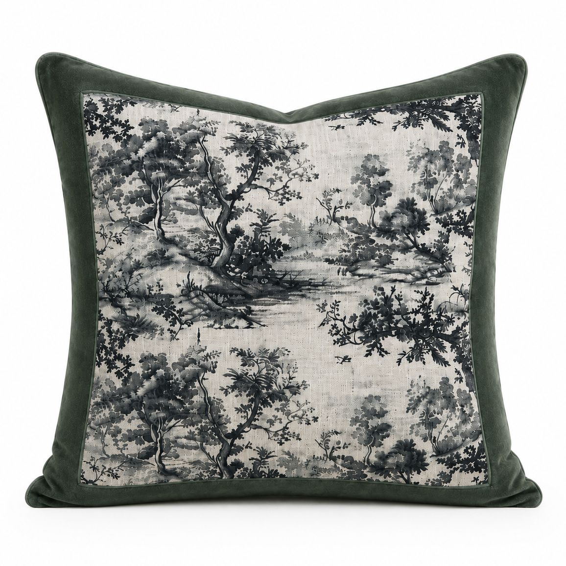 A square throw pillow featuring a dark green velvet border and a central toile-style landscape print in black and gray on a light beige linen background, shown against a plain white studio backdrop.